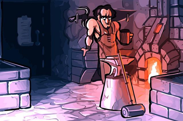 A blacksmith working at a forge and anvil
