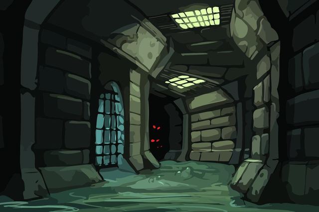A torch-lit stone dungeon corridor with glowing eyes lurking in the dark