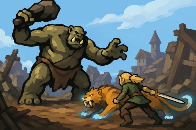 An adventurer and a tamed lion facing down a hulking troll