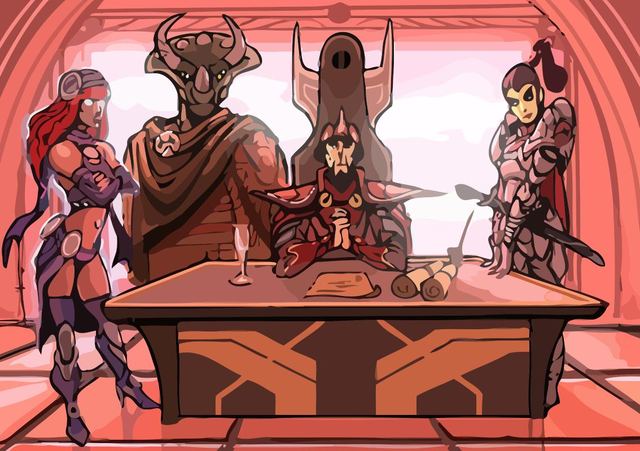 Four allies of different races gathered around a table