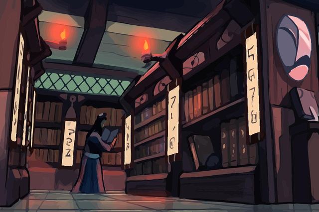 A robed figure reading in a candlelit library
