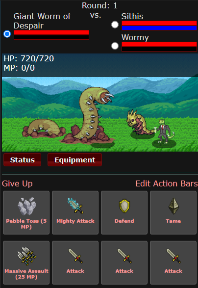 Turn-based battle against a Giant Worm of Despair in Chronicles of Denzar