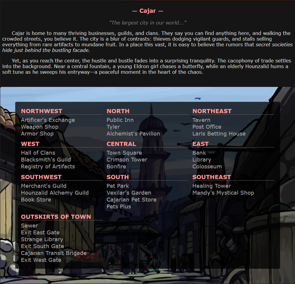 The city hub of Cajar with its district directory in Chronicles of Denzar