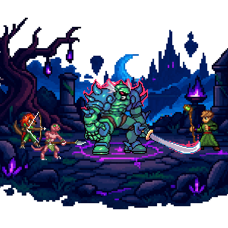 Heroes and monsters facing off on the road to Cajar's castle in Chronicles of Denzar