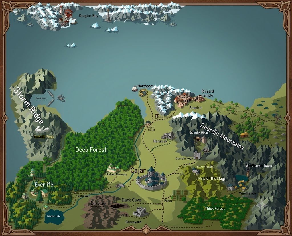 Map of Evita, showing Cajar, the Deep Forest, Duerdin Mountains, Northport, and surrounding regions
